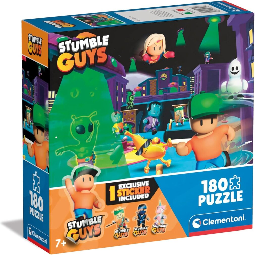 Scatola puzzle Stumble Guys da 180 pezzi con personaggi, alieni e una banana.