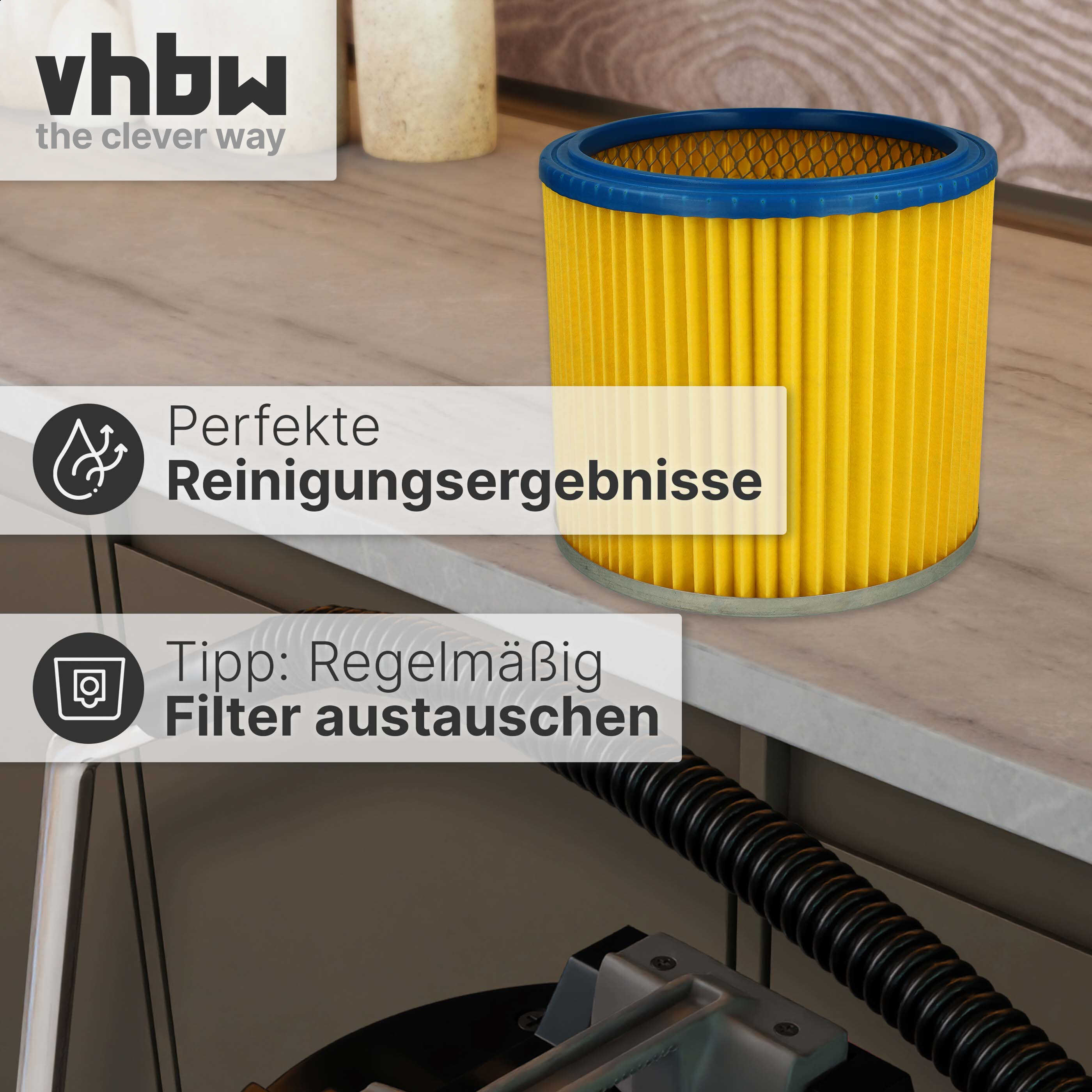 Ein gelber Filter mit blauem Rand auf einer Arbeitsplatte.