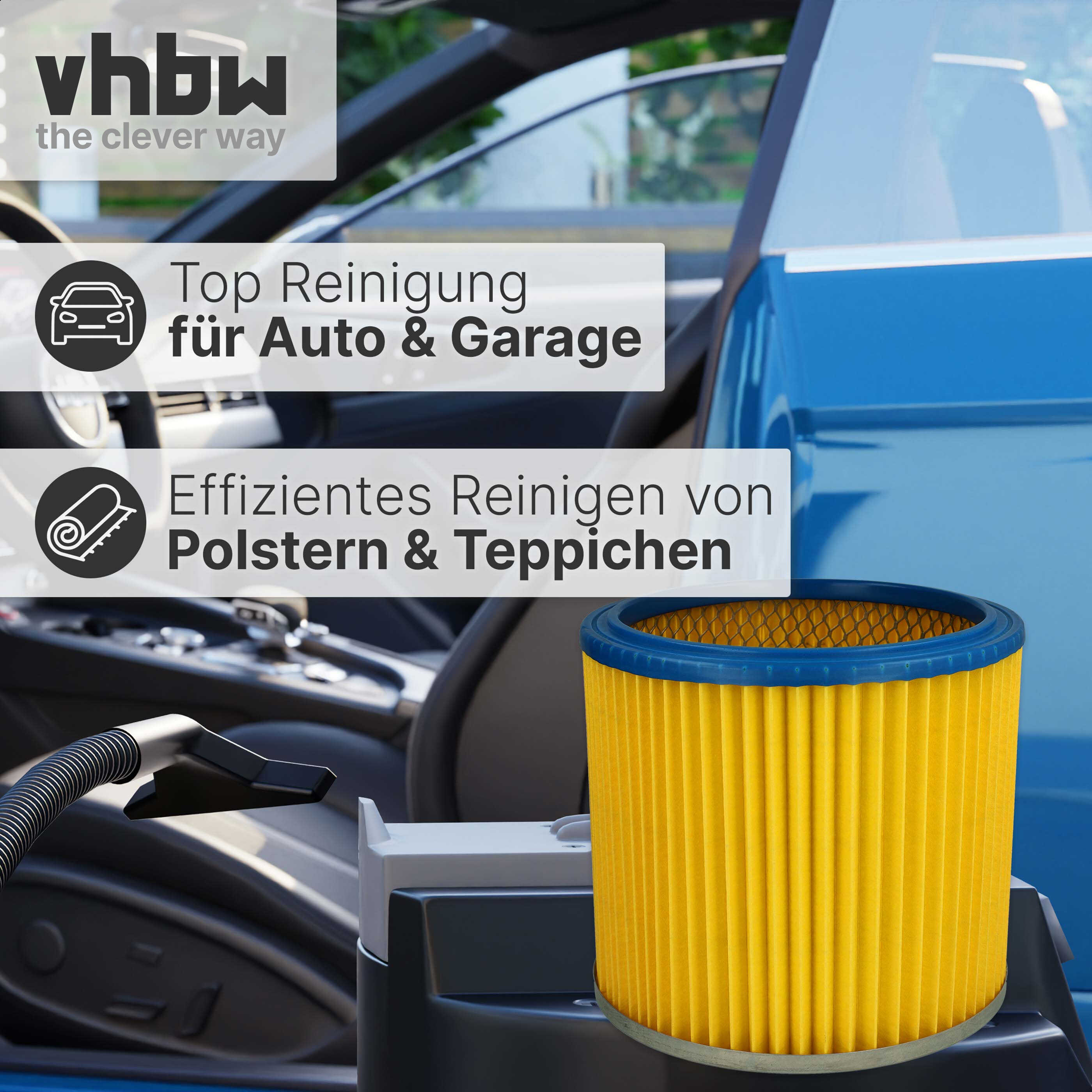 Ein gelber Luftfilter mit blauem Rand steht vor einem Auto-Innenraum.