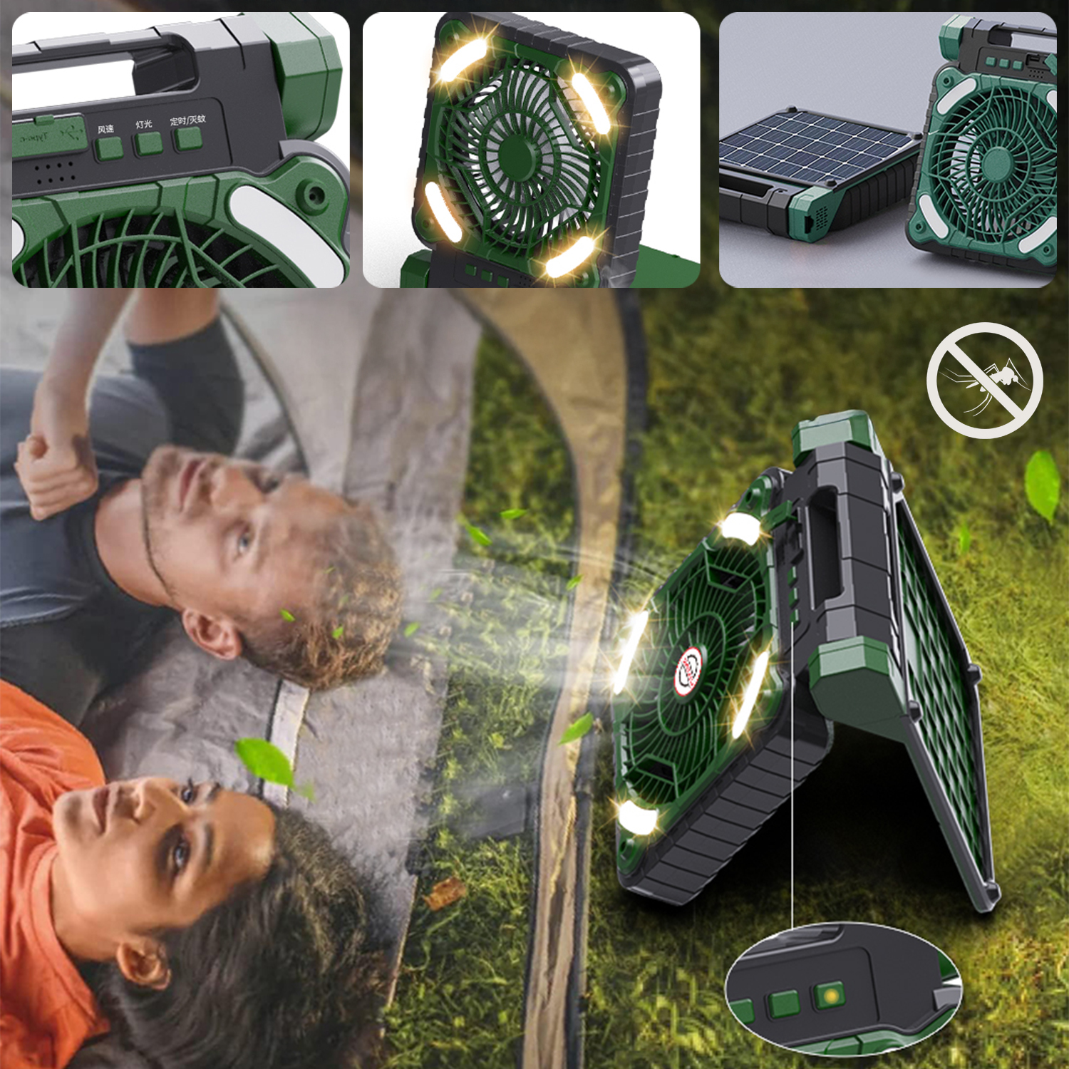 Un ventilatore portatile con pannello solare e luci, usato all'aperto sul pavimento di una tenda.