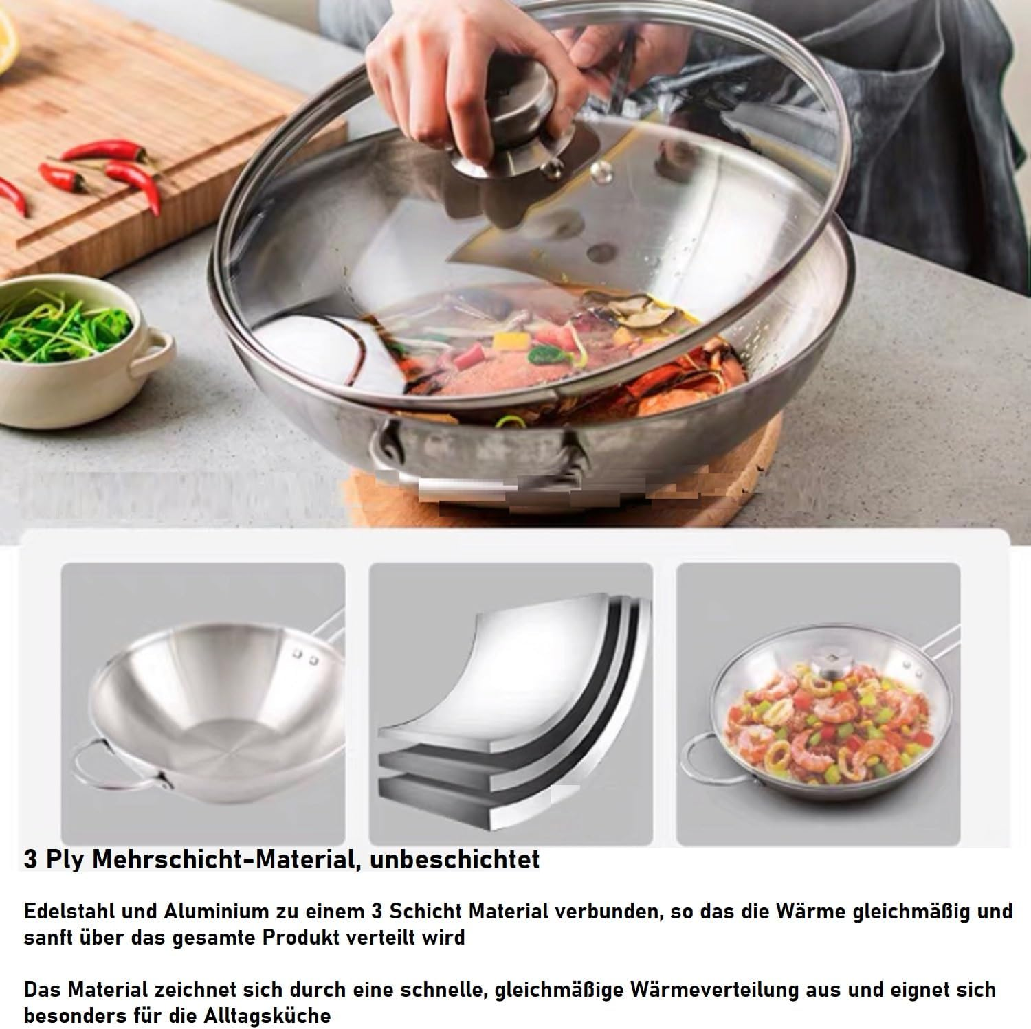 Eine Person kocht in einem Wok mit Glasdeckel, daneben eine Schüssel mit Kräutern.