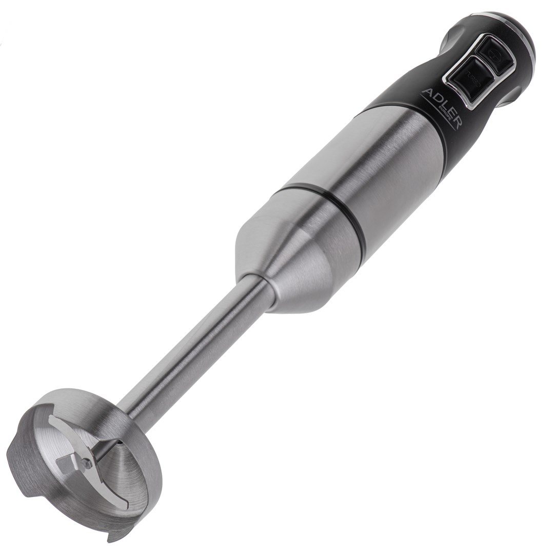 Blender ręczny ze stali nierdzewnej z czarną rączką i dwoma przyciskami.