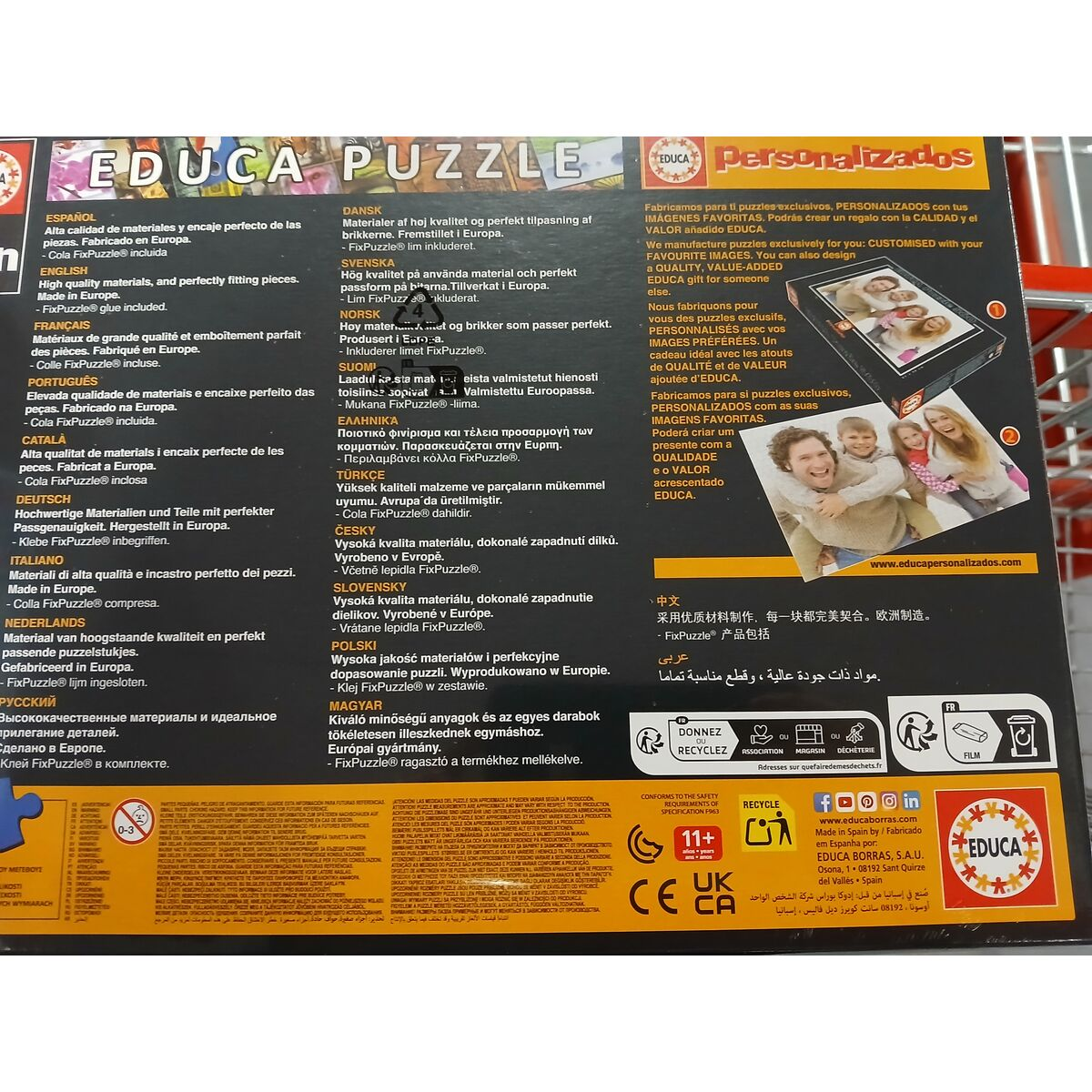 Scatola per un puzzle Educa con testo multilingue e informazioni sul prodotto.