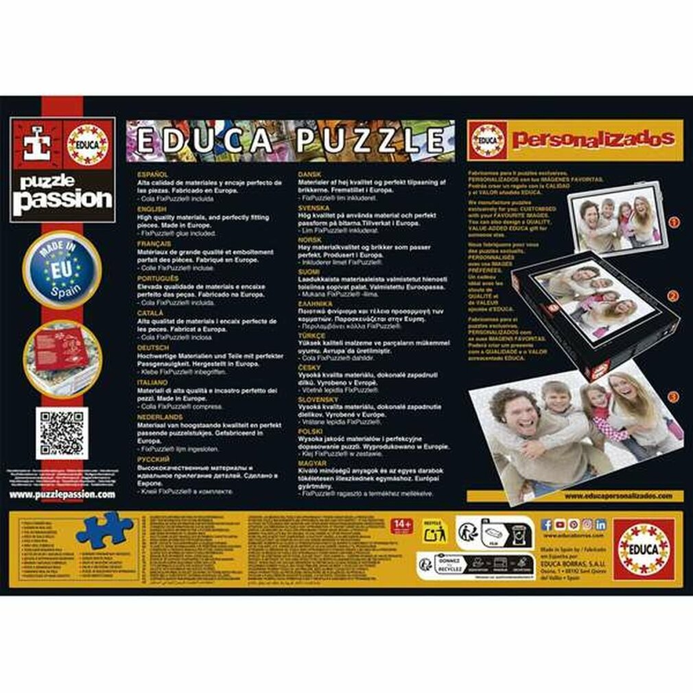 Educa Puzzle Verpackung mit mehrsprachigen Produktinformationen und Bildern.