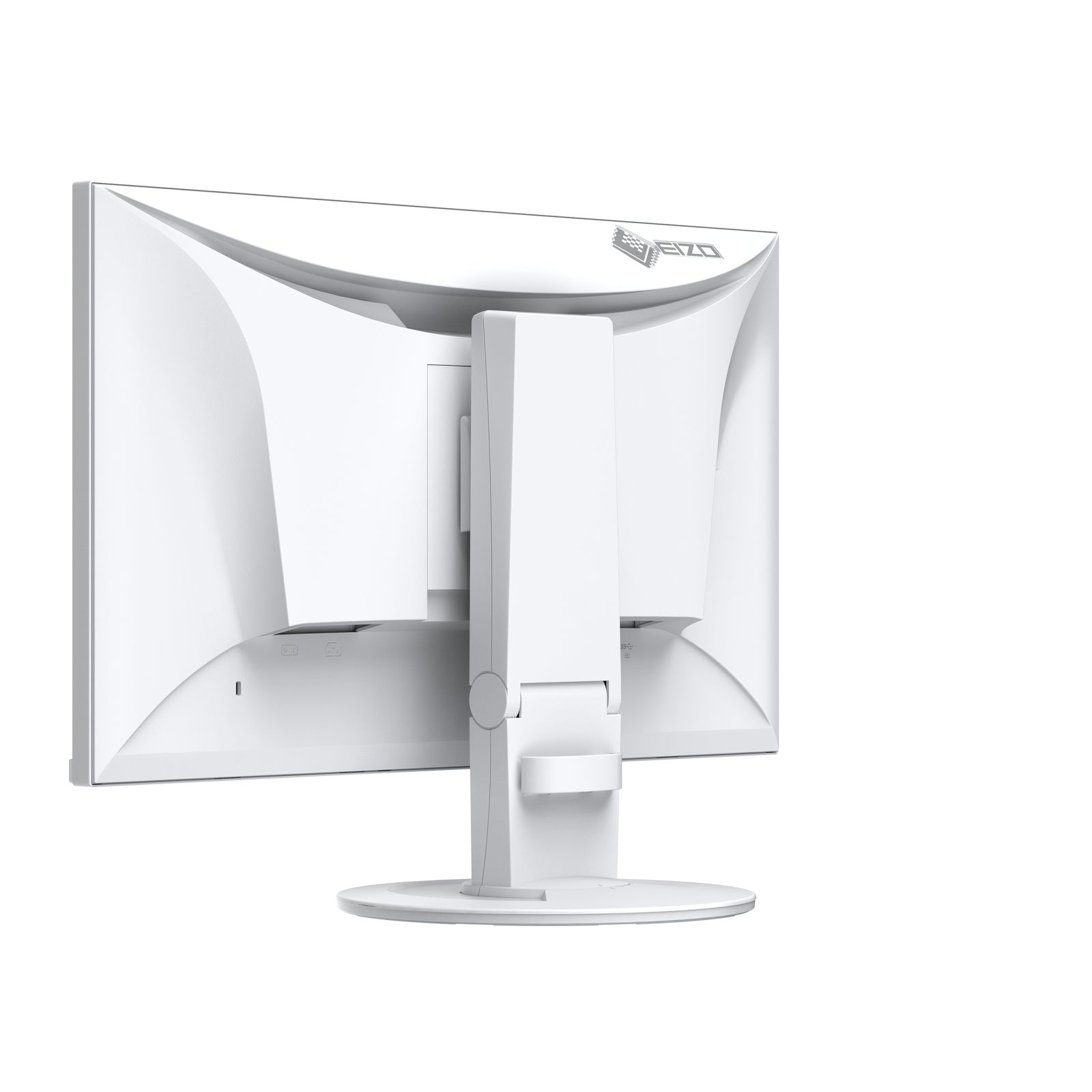 Rückseite eines weißen Monitors mit EIZO-Logo und verschiedenen Anschlüssen.