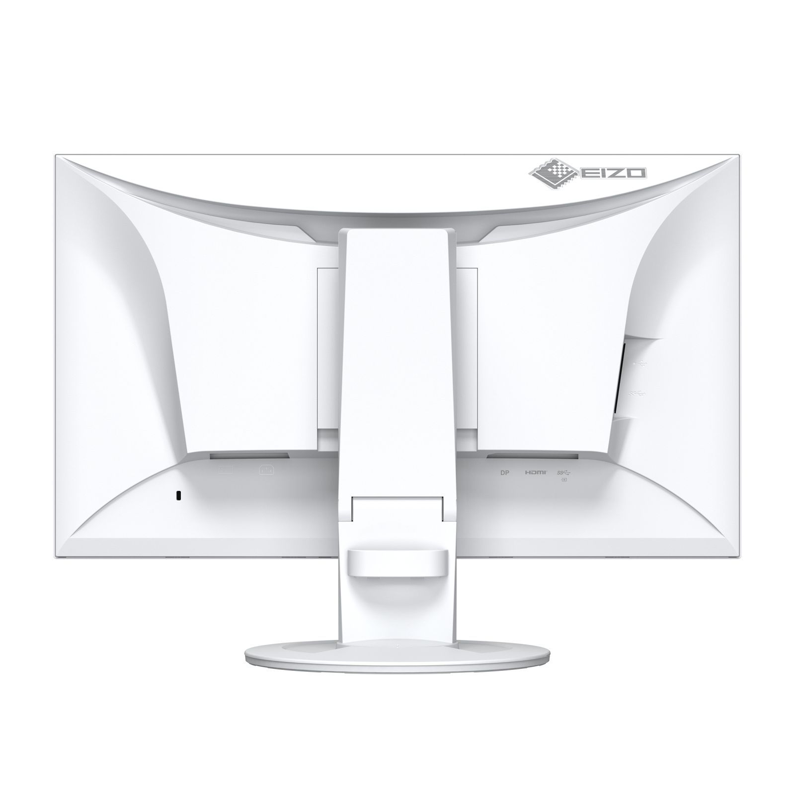 Rückseite eines weißen EIZO Monitors mit Anschlüssen wie DP und HDMI.
