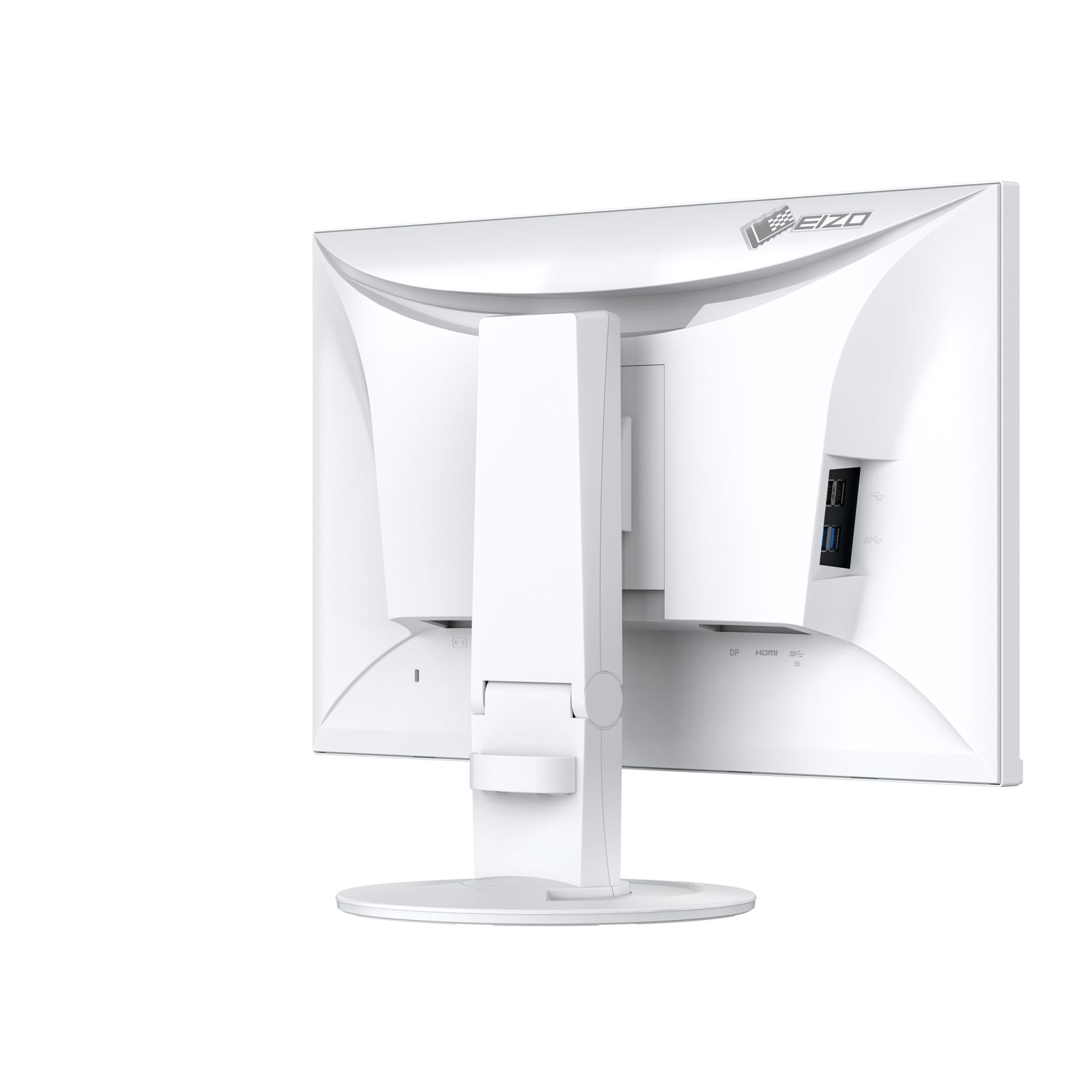 Rückseite eines weißen EIZO Monitors mit Anschlüssen und Logo.