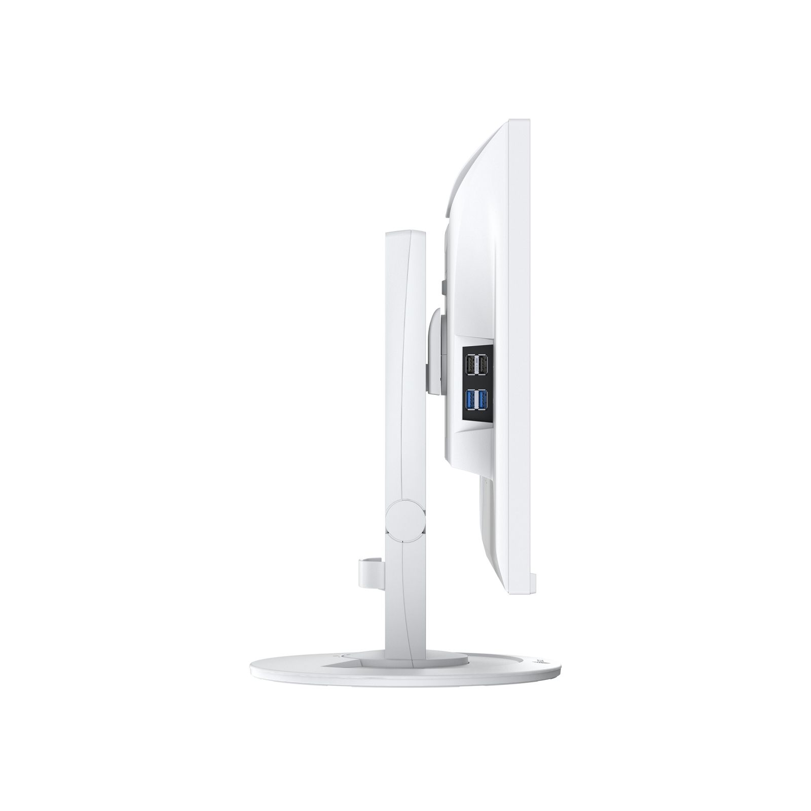 Weiße Monitorrückseite mit USB-Anschlüssen und verstellbarem Ständer.