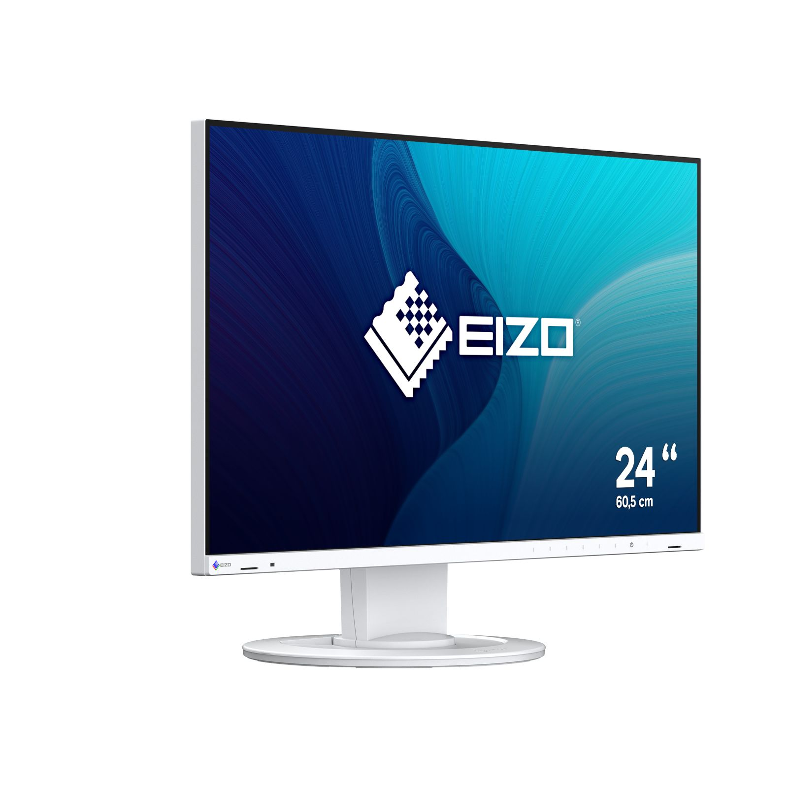 Ein weißer EIZO Monitor mit 24 Zoll Bildschirmdiagonale auf einem runden Standfuß.