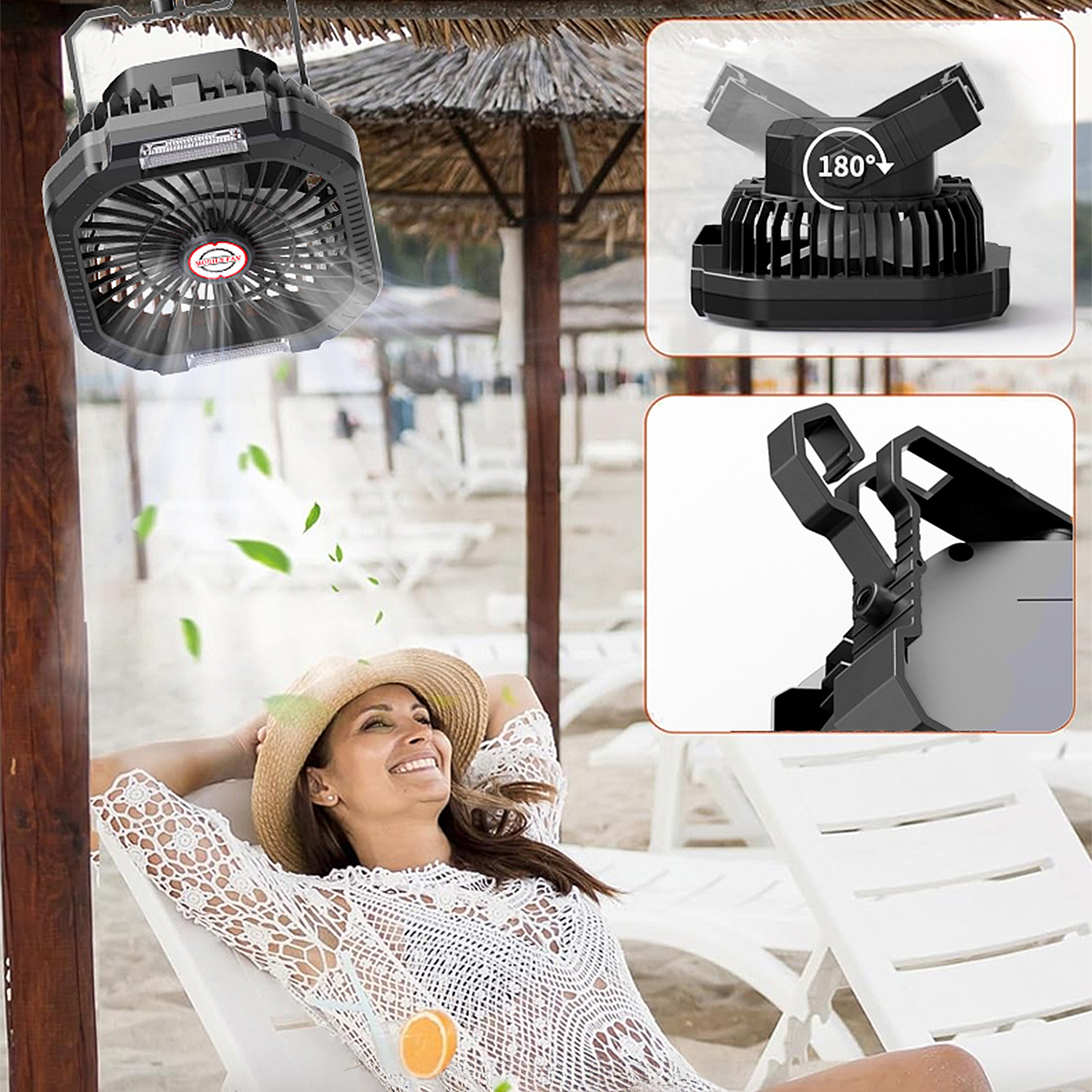 Un ventilatore portatile pende sopra una donna che si rilassa su una sdraio da spiaggia.