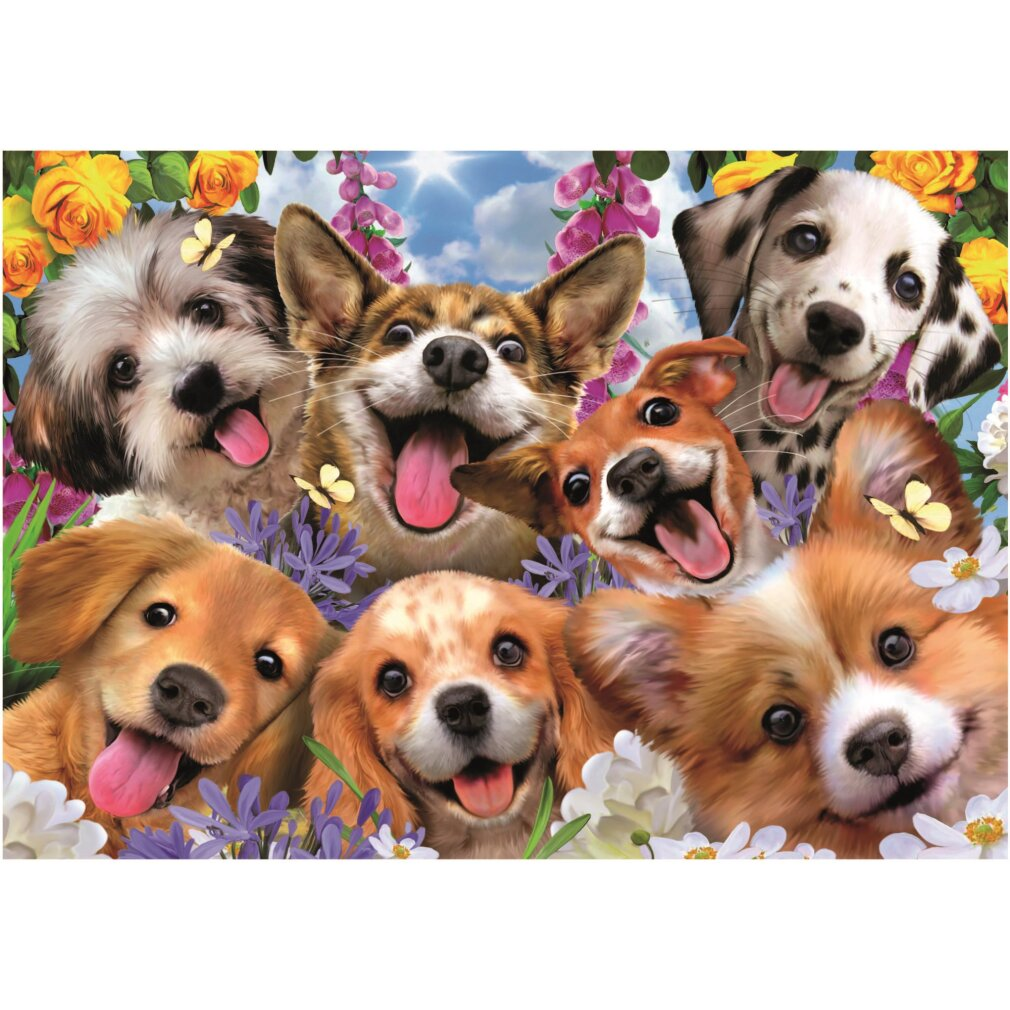 Sechs fröhliche Hunde sitzen in Blumen, mit Schmetterlingen und blauem Himmel.