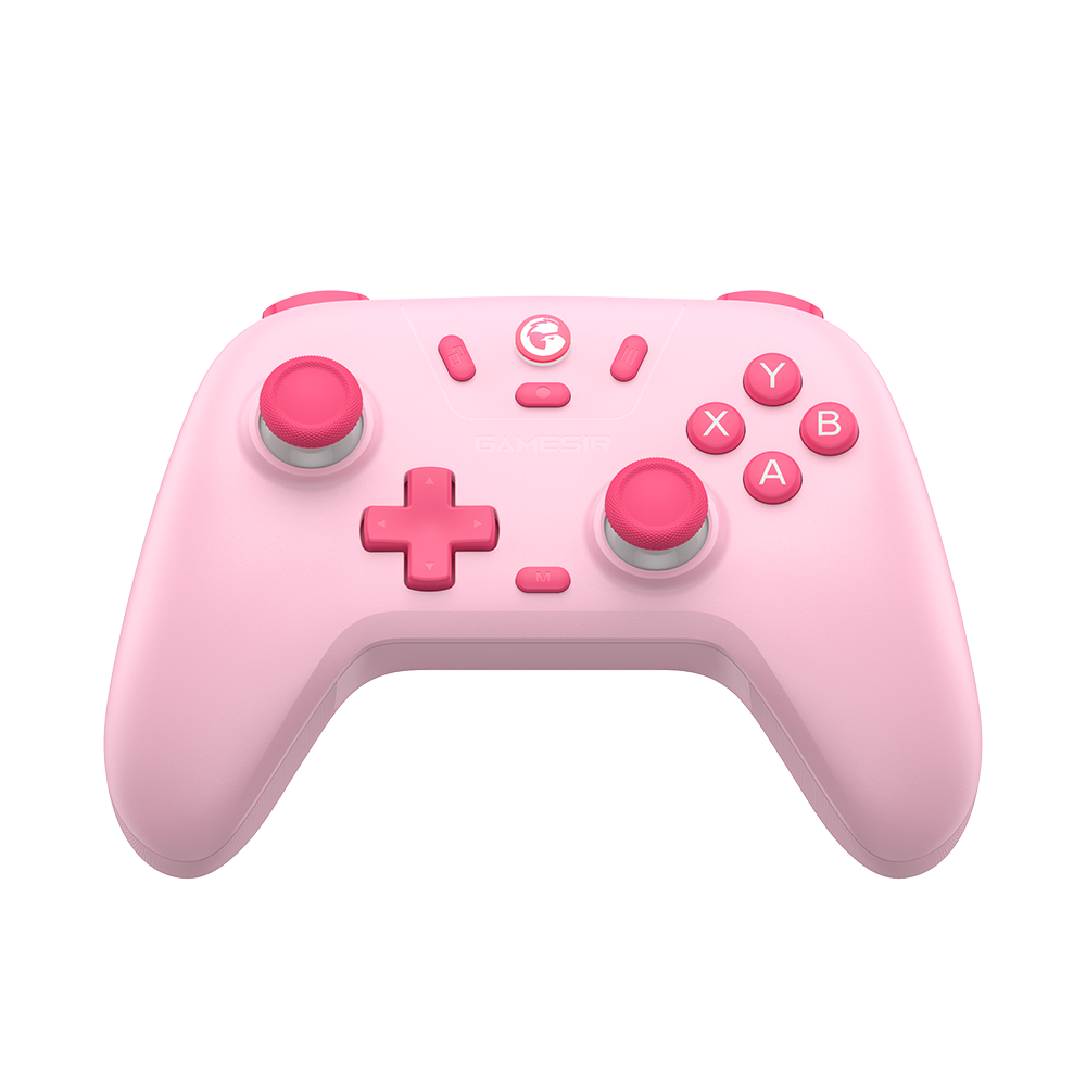 Un controller da gioco rosa con pulsanti e joystick.