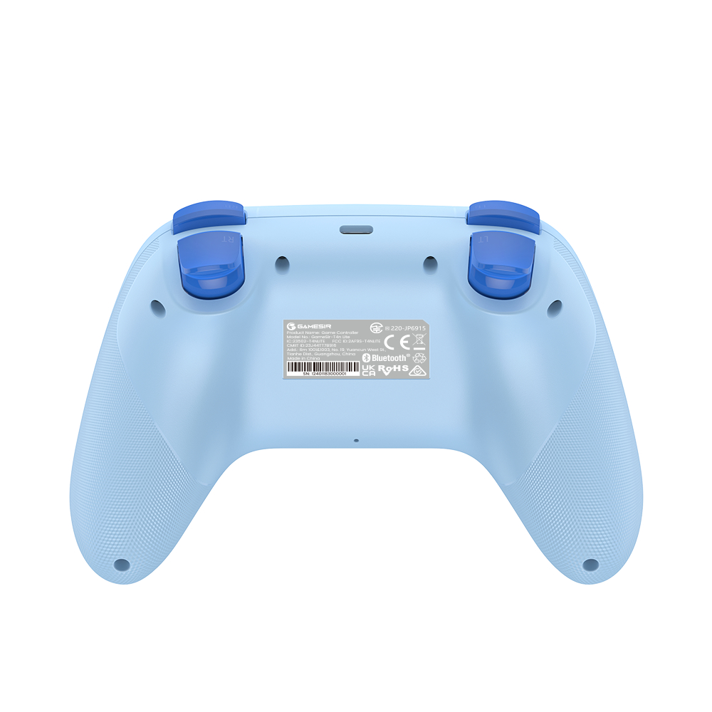 Controller di gioco azzurro con pulsanti ed etichette blu.