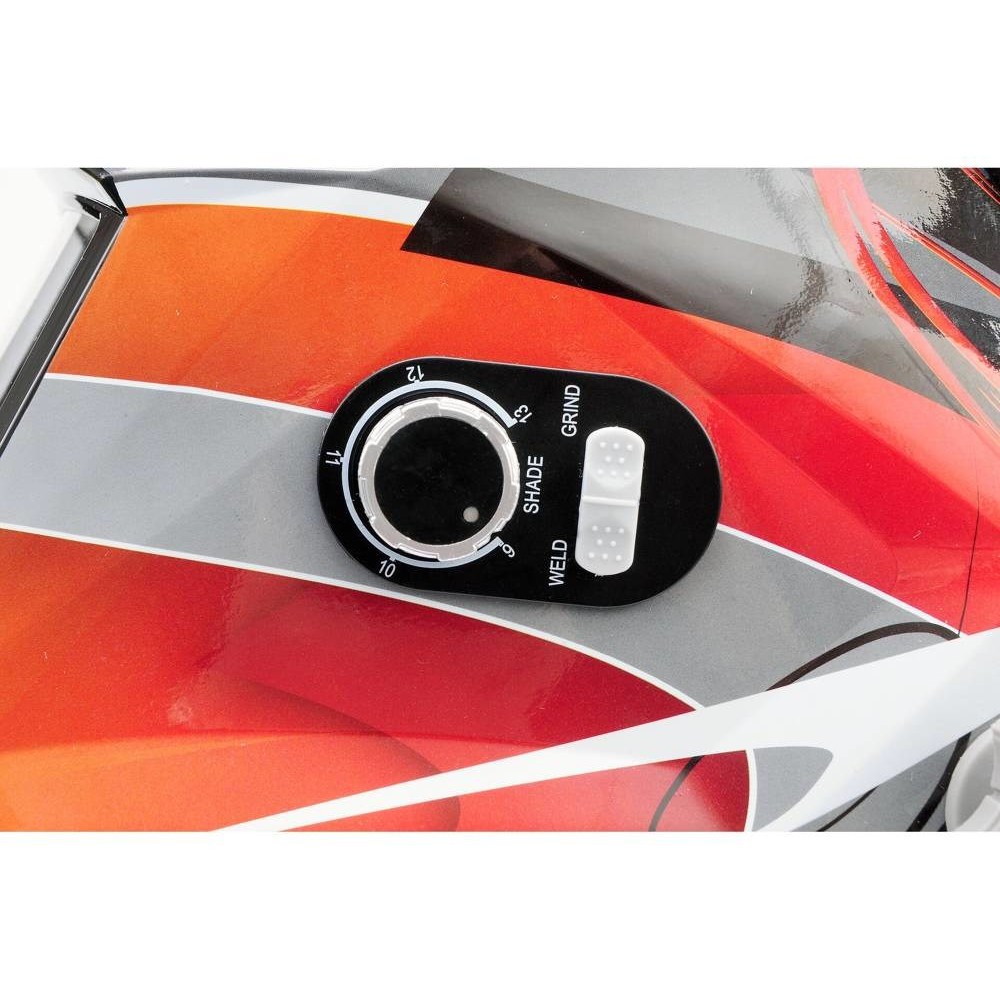 Zbliżenie kasku spawalniczego z kontrolkami odcienia/spawania/szlifowania i pokrętłem od 10 do 13.