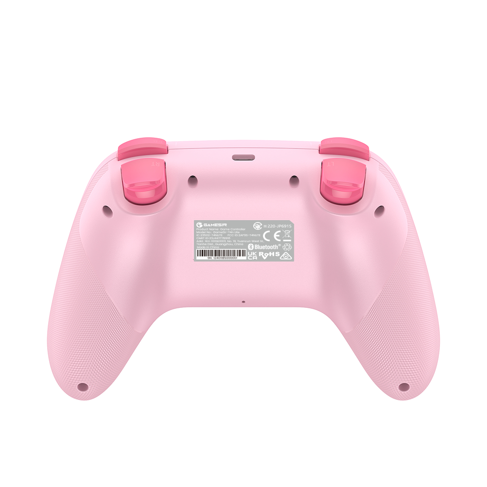 Un controller da gioco rosa con etichette e pulsanti rosa.