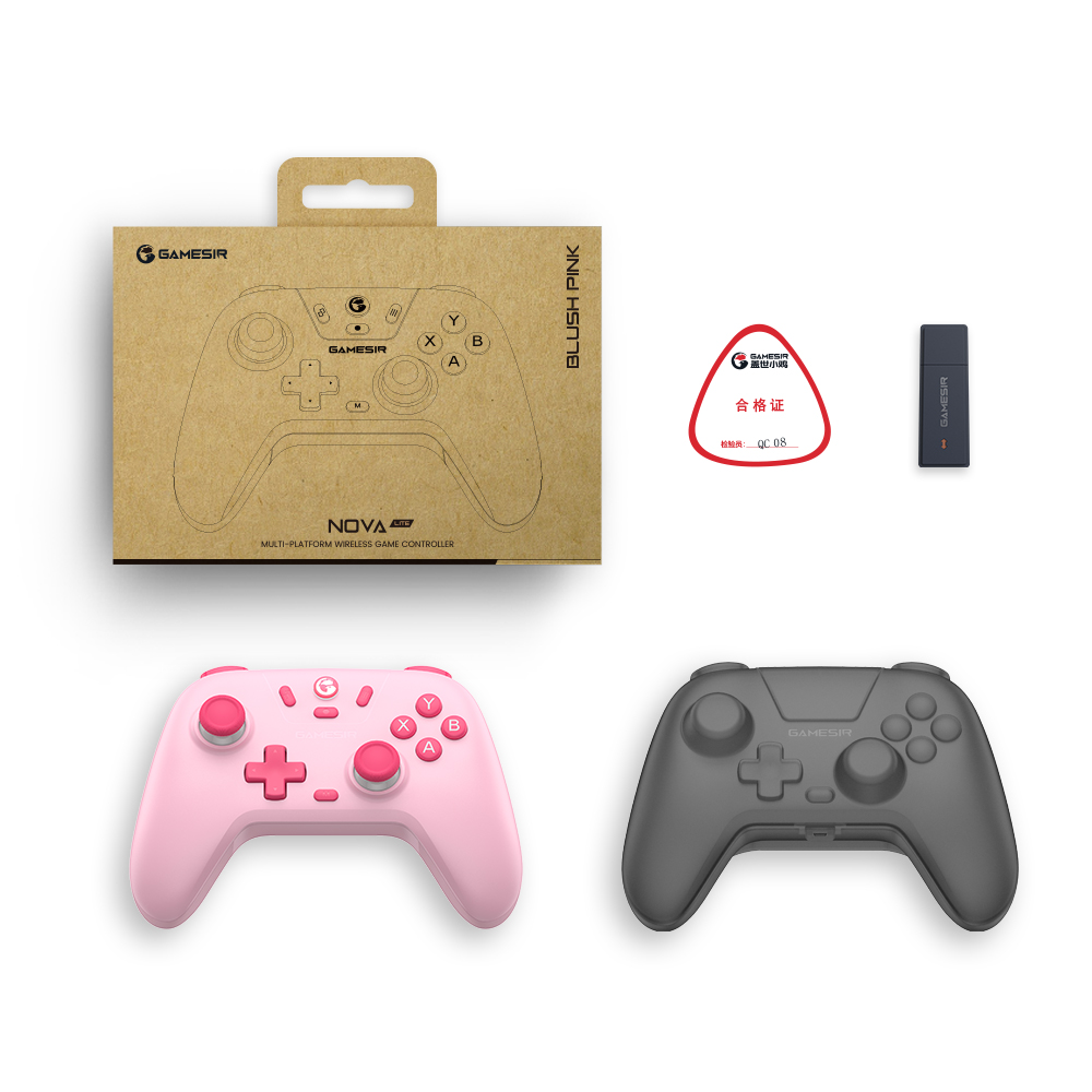 Un controller di gioco rosa e grigio, con confezione, certificato e dongle.