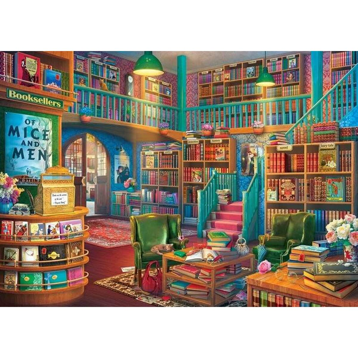 Una acogedora biblioteca con estanterías, zonas de asientos y una escalera.