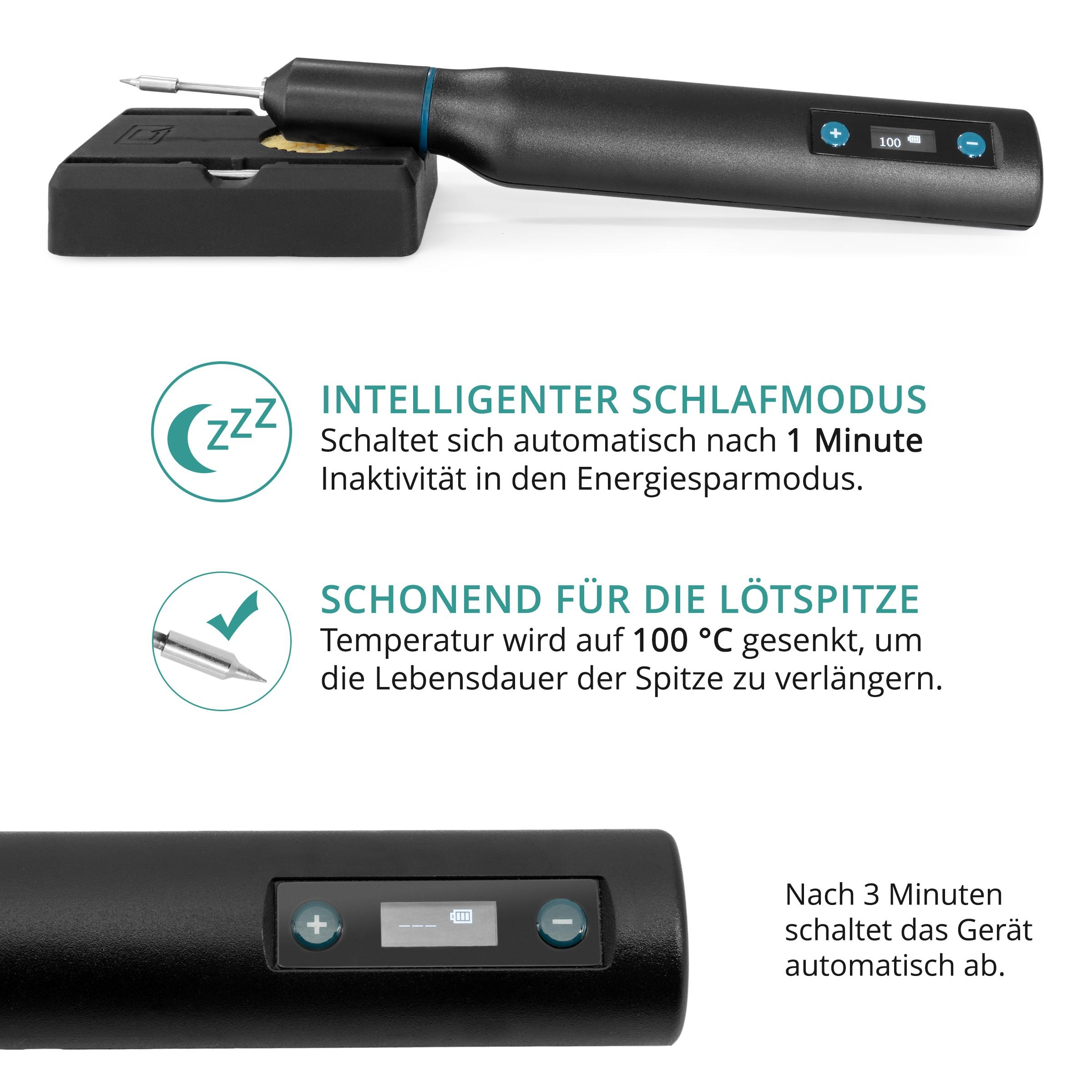 Ein schwarzer Lötstift auf einer Halterung, mit Text über Schlafmodus.