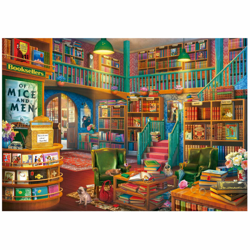 Una acogedora librería con estanterías, sillones, un dogo y un gato.
