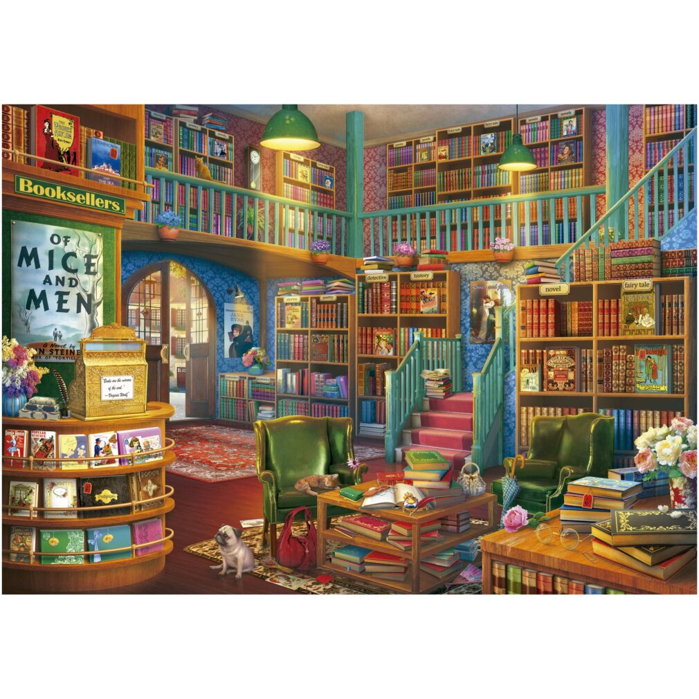 Una acogedora librería con estanterías, zonas de asientos y un perro.