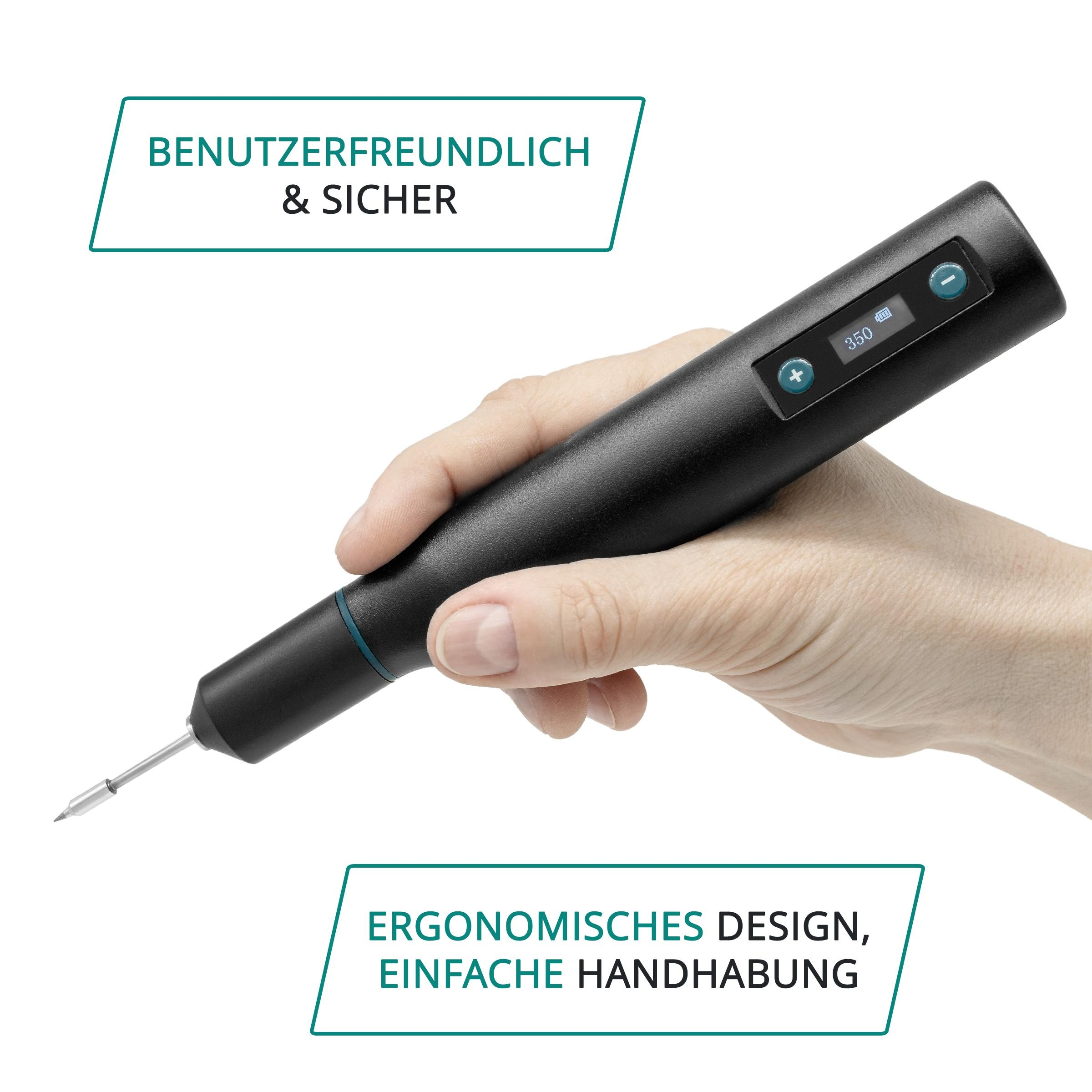 Eine Hand hält ein schwarzes Werkzeug mit Display und Bedienknöpfen.