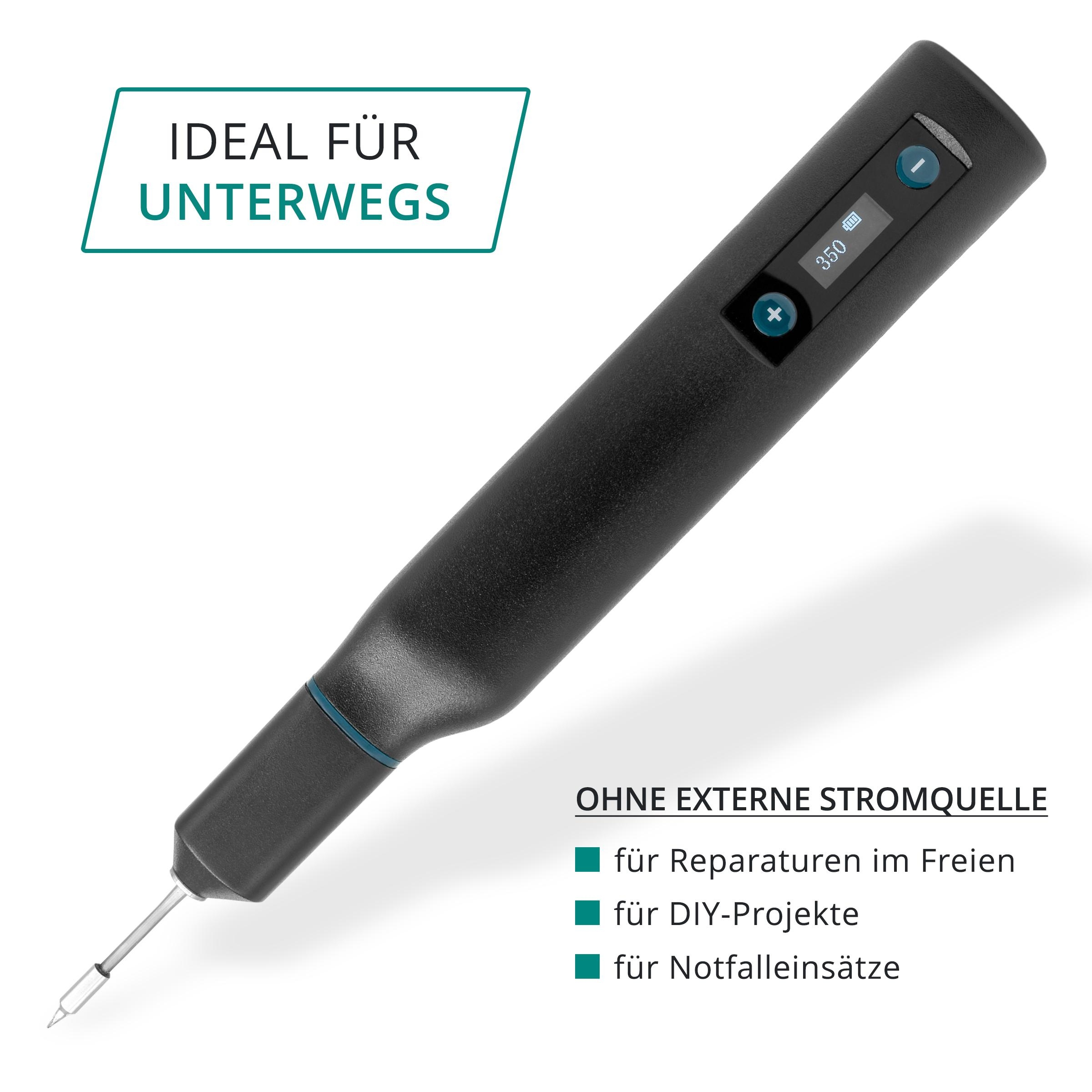 Schwarzes, tragbares Lötwerkzeug mit digitaler Anzeige und Bedienelementen.