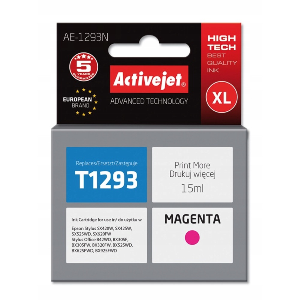 Emballage d'une cartouche d'encre magenta T1293 d'Activejet pour imprimantes Epson.