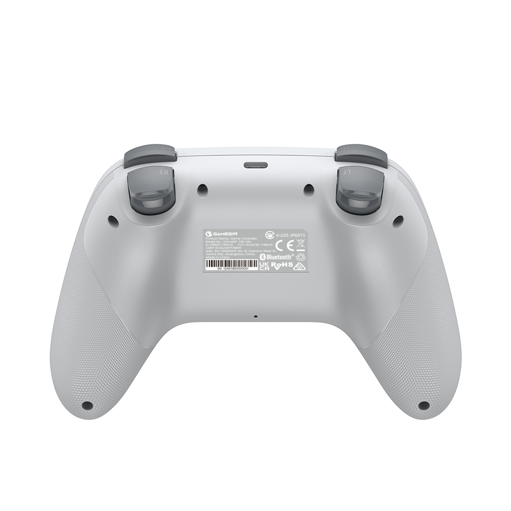 Controller di gioco grigio visto dal basso, con etichette e impugnature testurizzate.