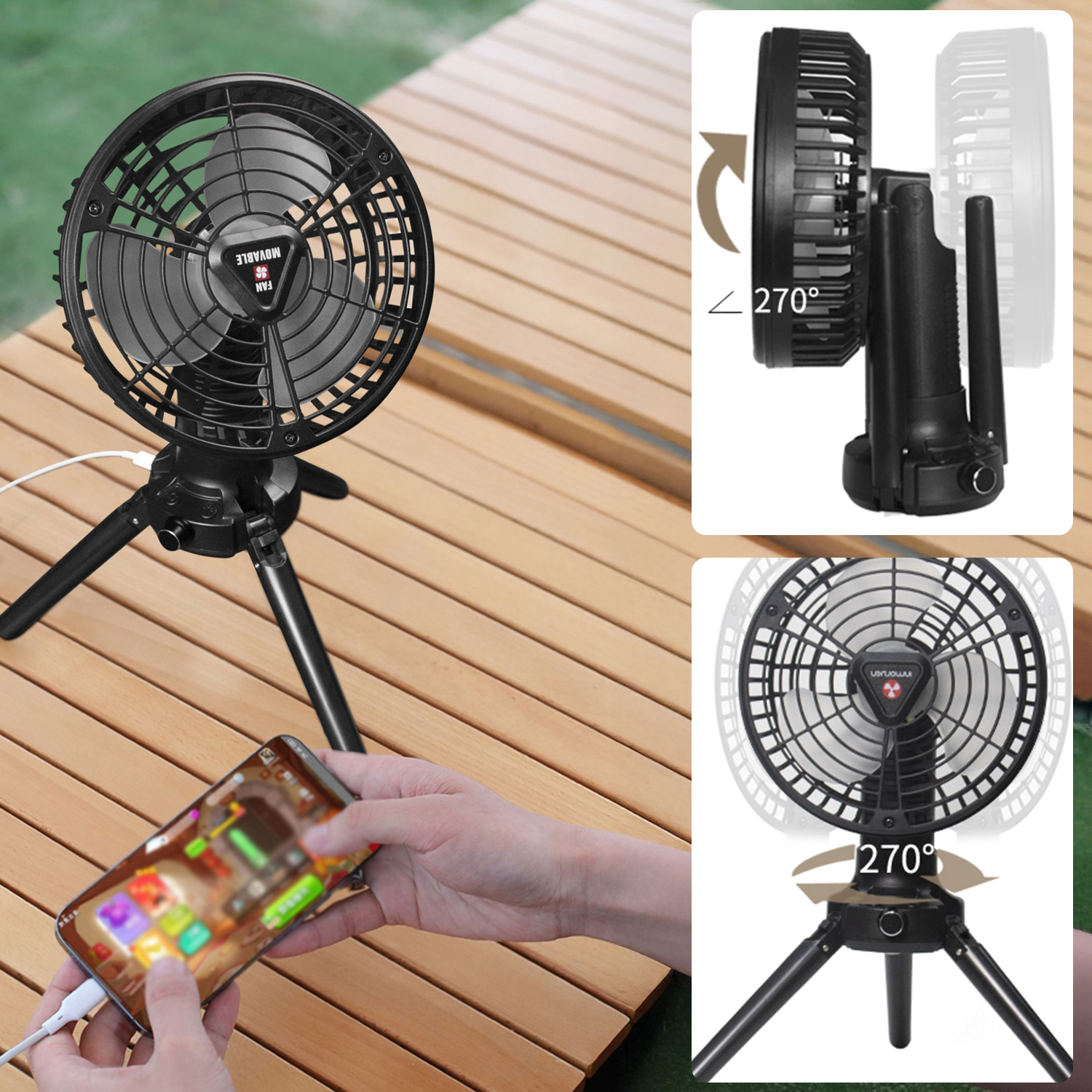 Ventilatore portatile nero su treppiede, vicino a telefono in carica. Mostra rotazione 270°.