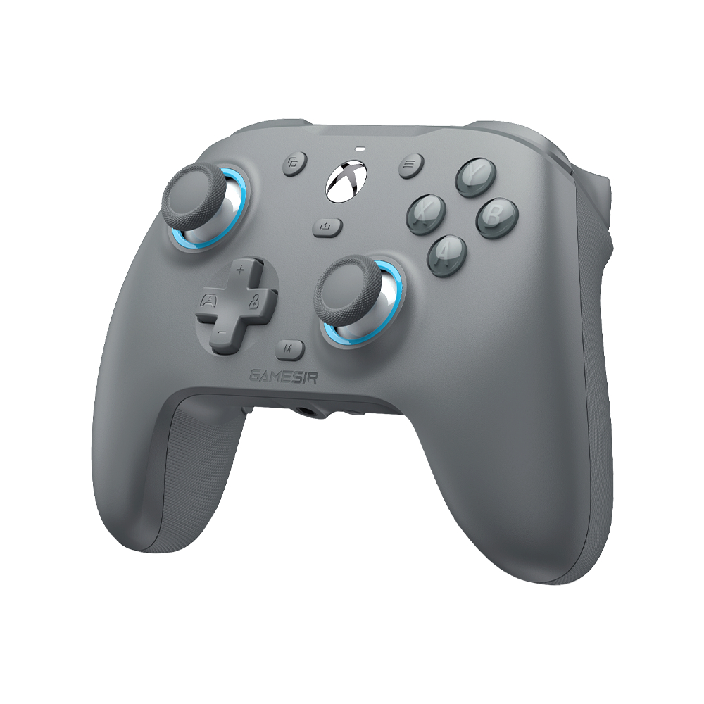 Controller Xbox grigio con accenti e pulsanti blu.