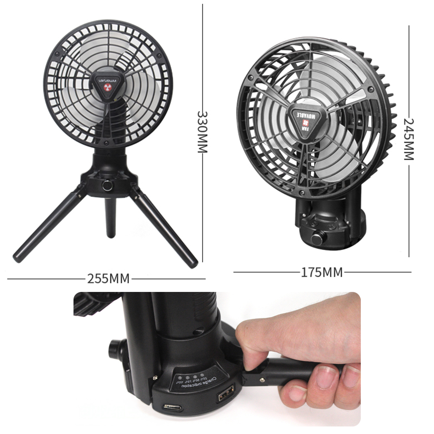 Tre ventilatori neri con treppiedi e porte USB.