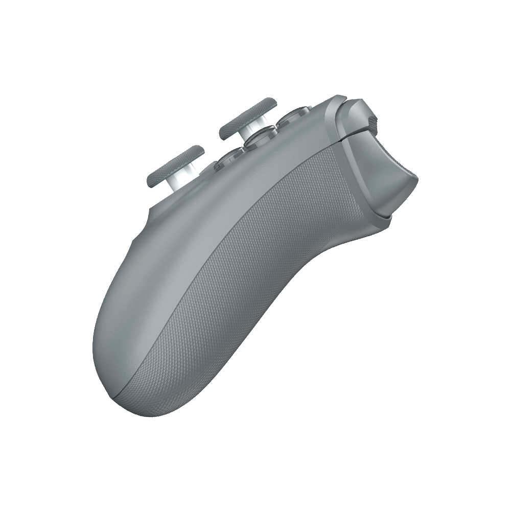 Controller di gioco grigio con due levette analogiche e impugnatura testurizzata.