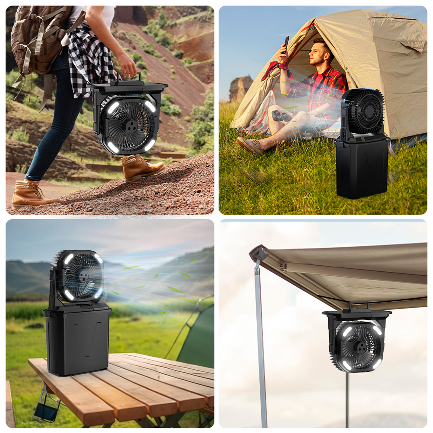 Ventilador portátil con luces, usado para senderismo, camping y exteriores.