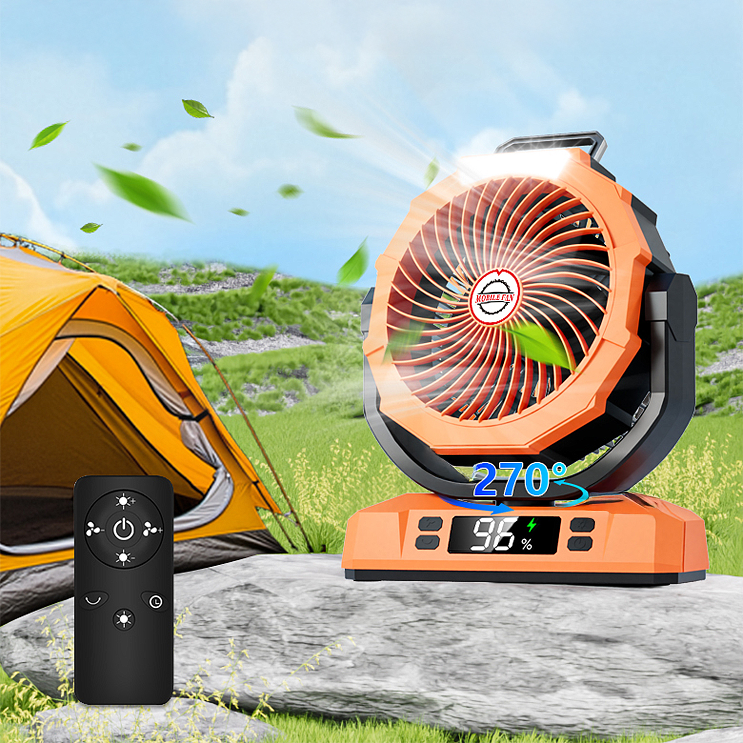 Un ventilador naranja para acampar con control remoto junto a una tienda.