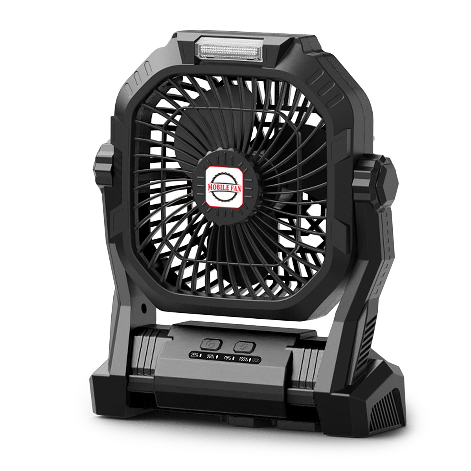 Una ventola portatile nera con luce LED e indicatore di batteria.