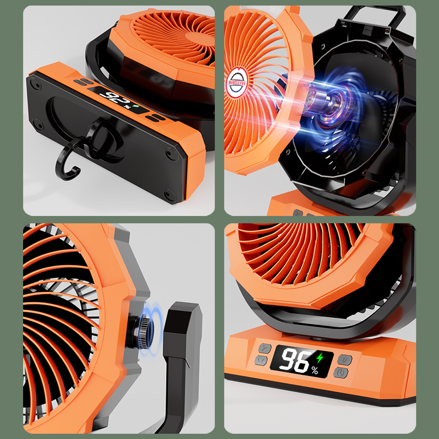 Ventilador naranja y negro con pantalla digital y gancho.