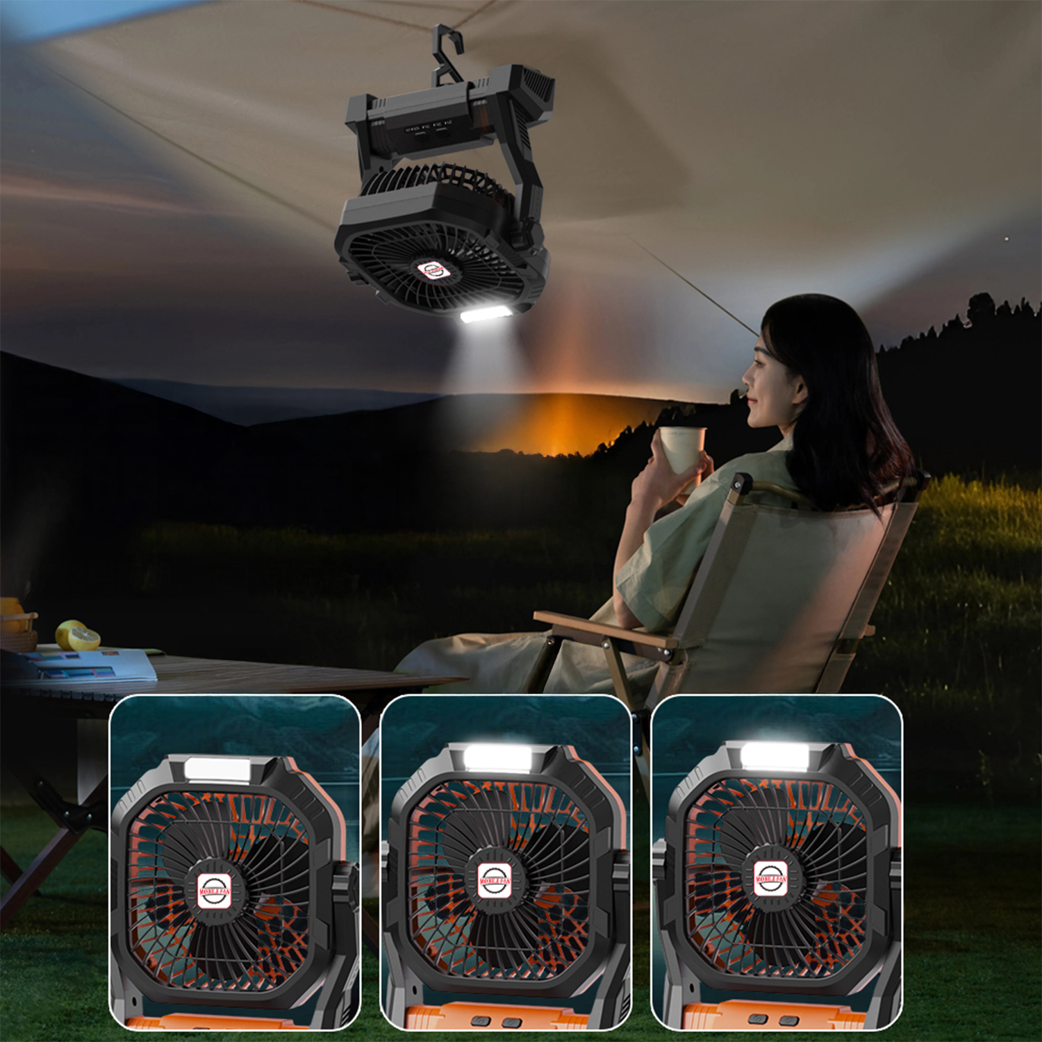 Un ventilatore da campeggio con luce appeso sopra una donna che beve all'aperto.