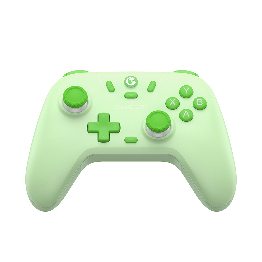 Un controller da gioco verde chiaro con joystick e pulsanti destro e sinistro.