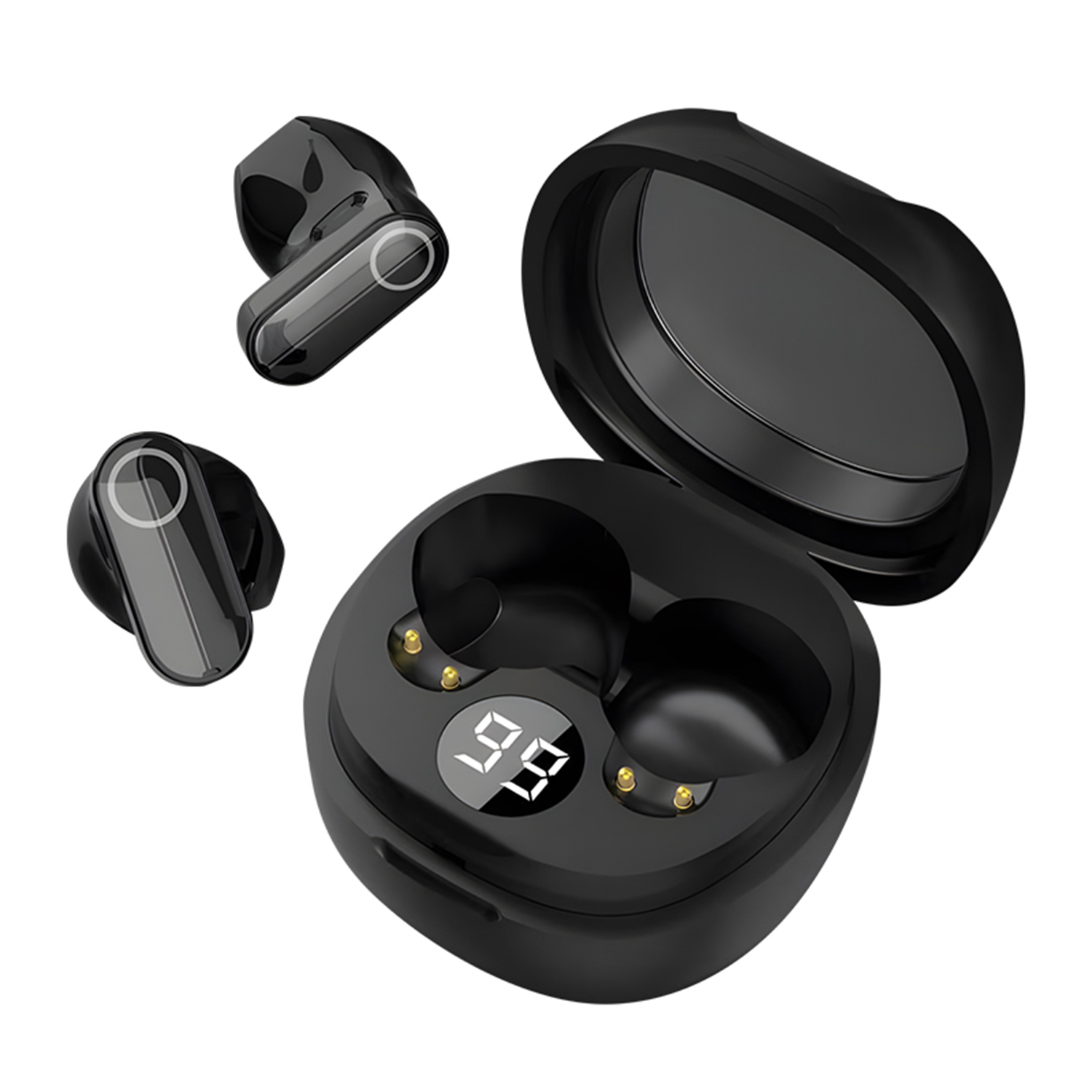 Auricolari wireless neri e una custodia di ricarica aperta con display digitale.