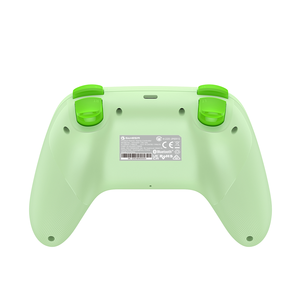 Il retro di un controller di gioco verde chiaro con due joystick verde brillante.