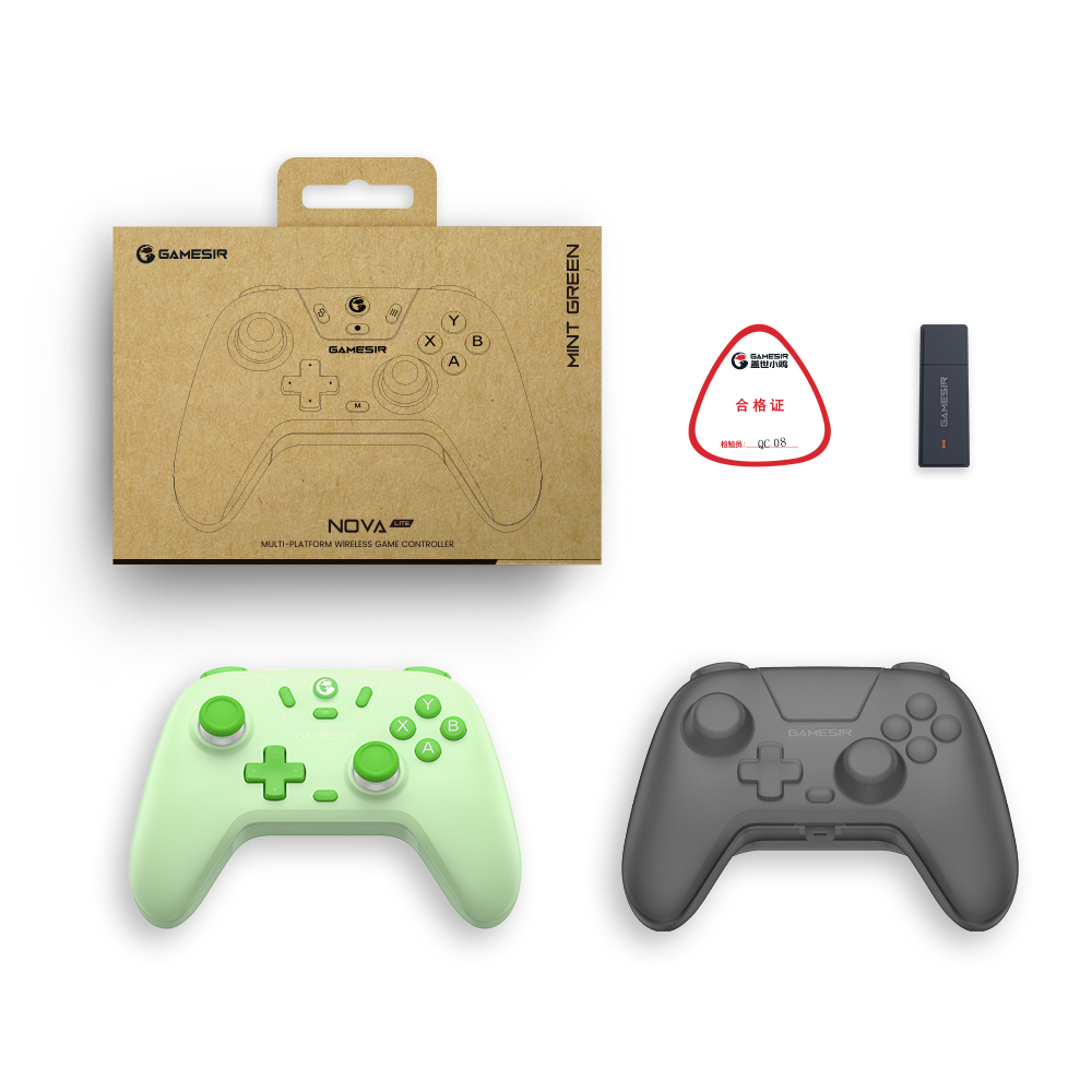 Due controller di gioco, uno verde e uno grigio, con confezione e accessori.