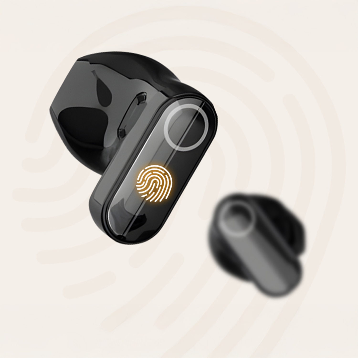 Due auricolari wireless neri, uno a fuoco con simbolo impronta digitale.