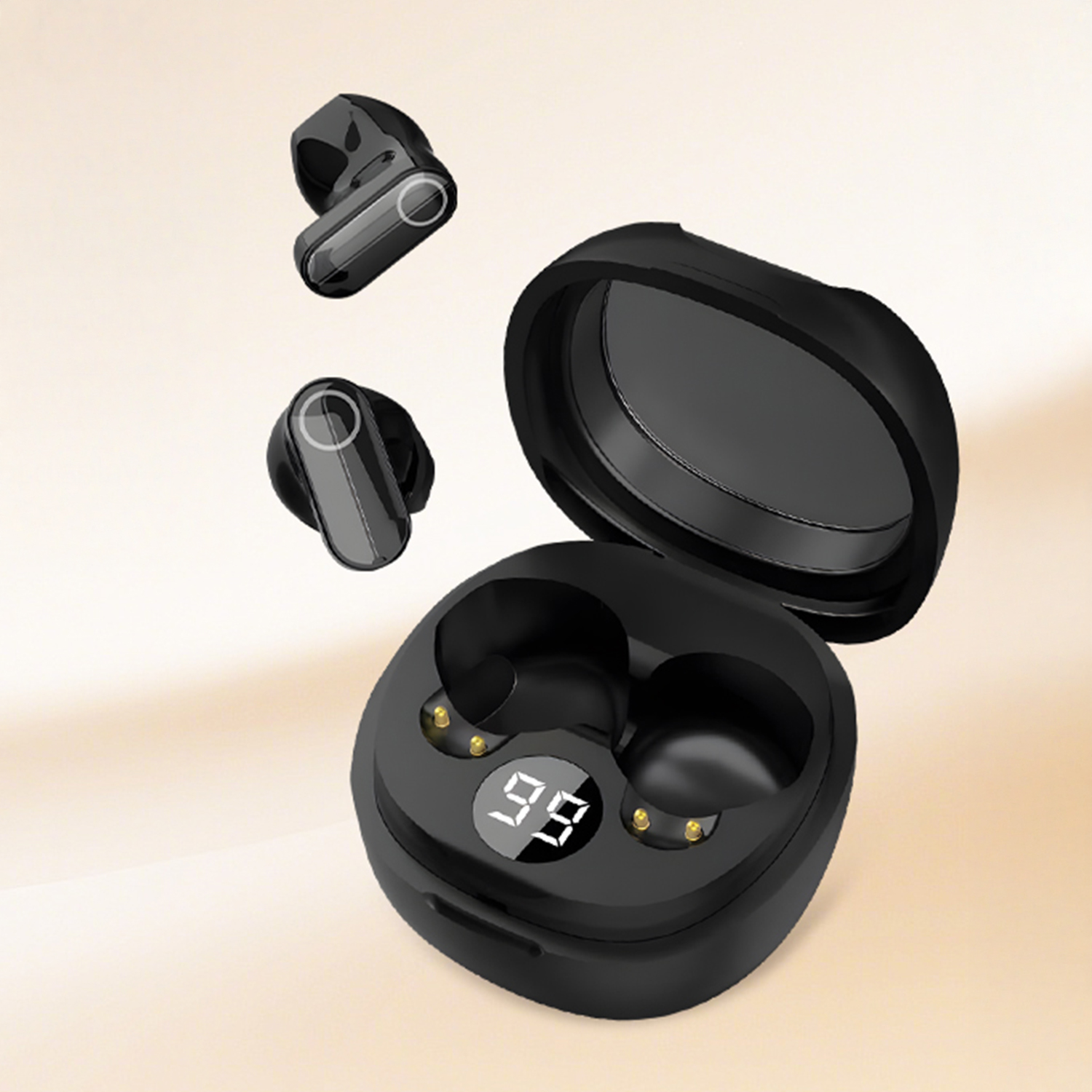 Custodia di ricarica nera con tre auricolari wireless, due fluttuanti.