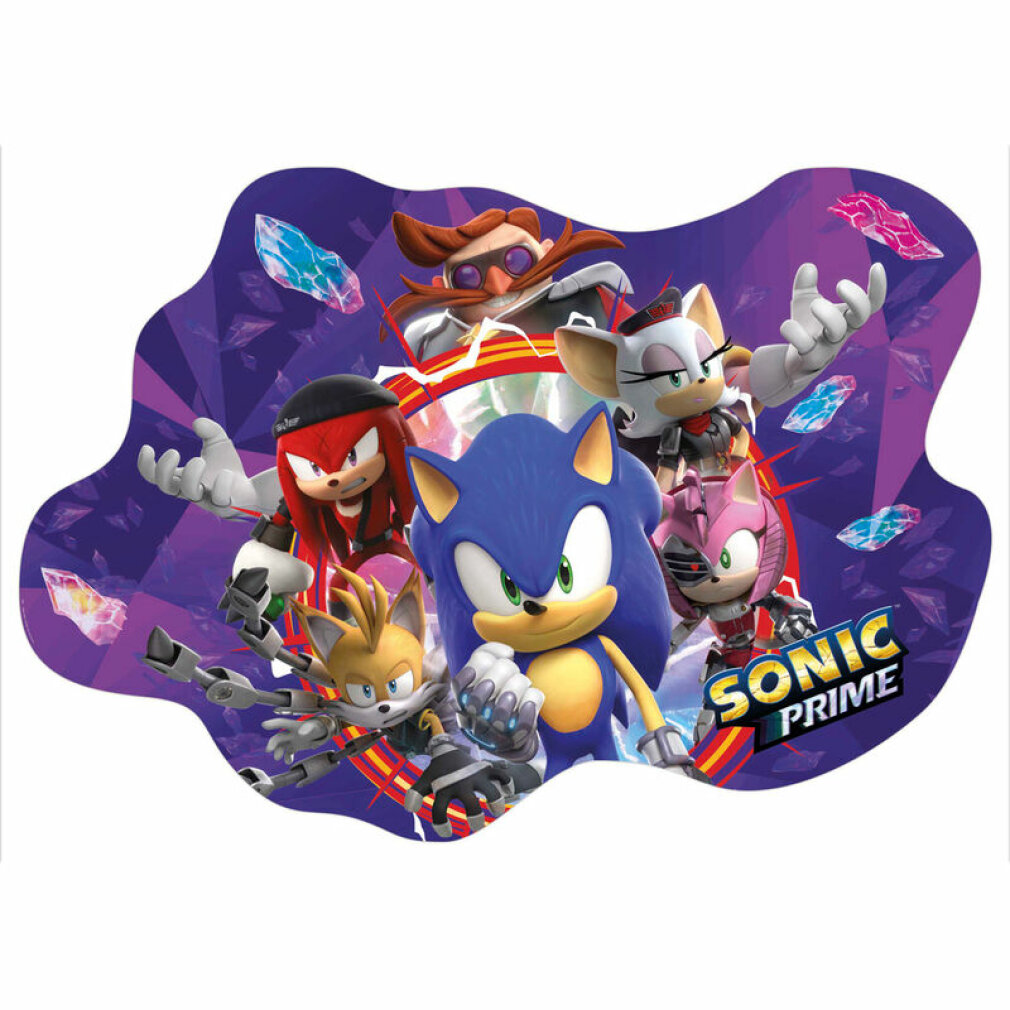 Sonic und Freunde posieren vor einem lila Hintergrund mit Kristallen.