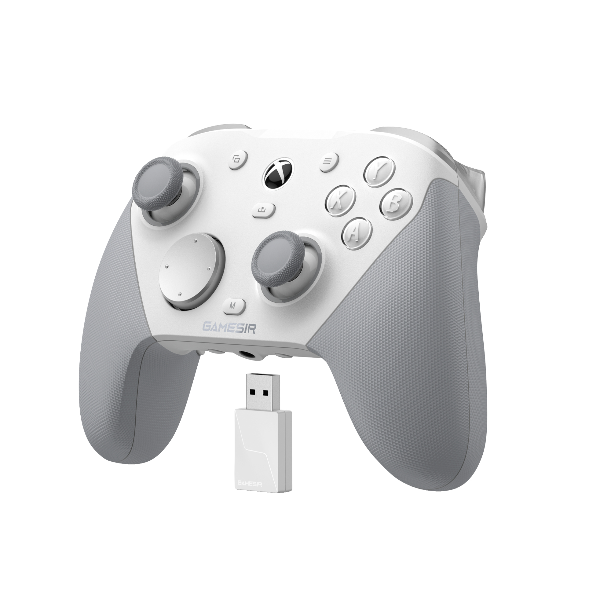 Un controller di gioco bianco e grigio con dongle USB.