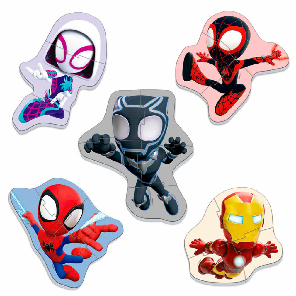 Fünf Marvel-Charaktere als Puzzles: Spider-Man, Miles Morales, Black Panther, Gwen, Iron Man.