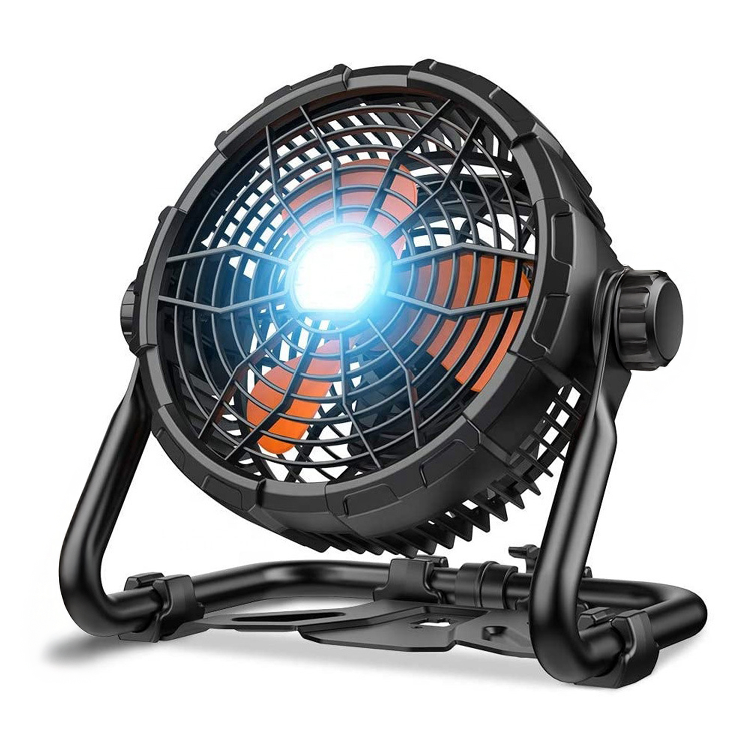 Ventilatore nero con pale arancioni e una luce blu brillante al centro.