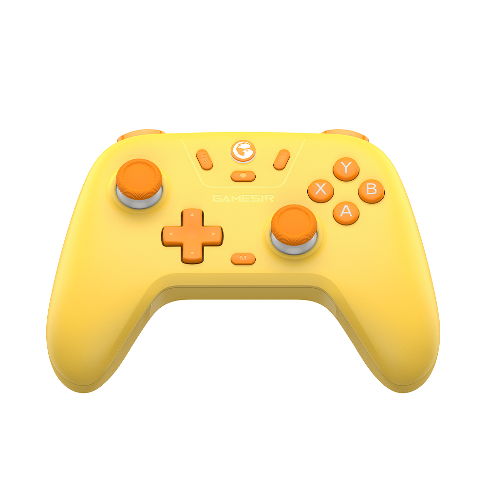 Controller GameSir giallo con accenti e pulsanti arancioni. Vista frontale.