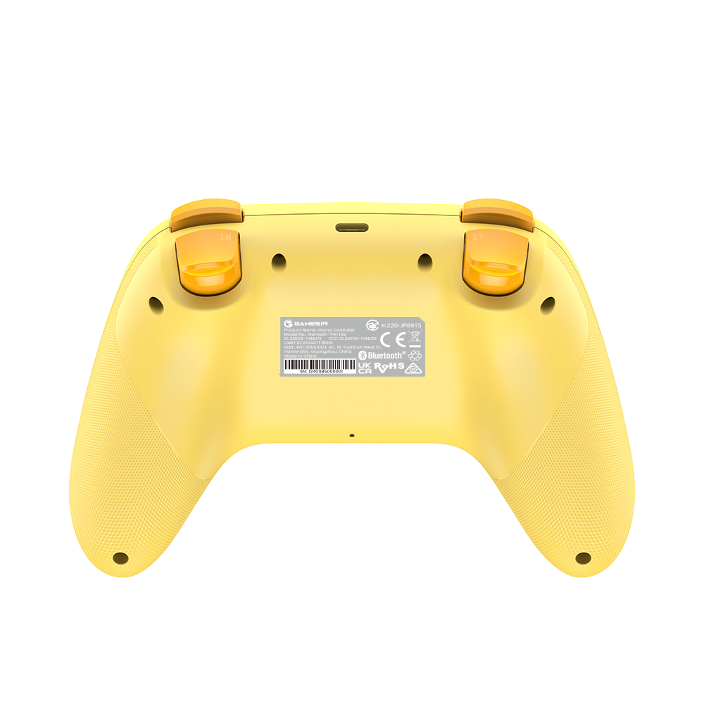 Retro giallo di un controller con pulsanti ed etichette gialle.