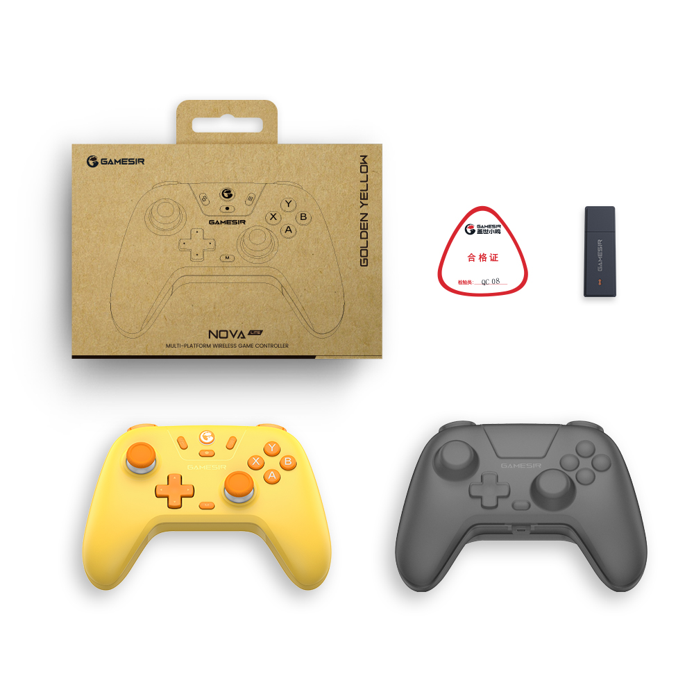Confezione con controller di gioco: marrone, giallo e grigio.